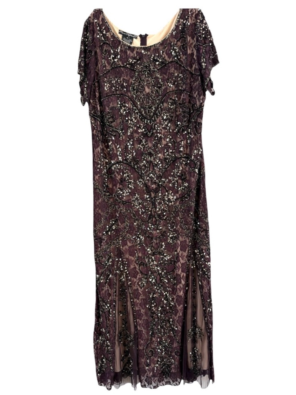 Pisarro Nights Plum Beaded Sequin Short Sleeve Maxi Dress Size 14